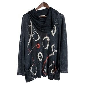 Jess & Jane cowl neck top women's XL black doodle artsy lagenlook pockets USA